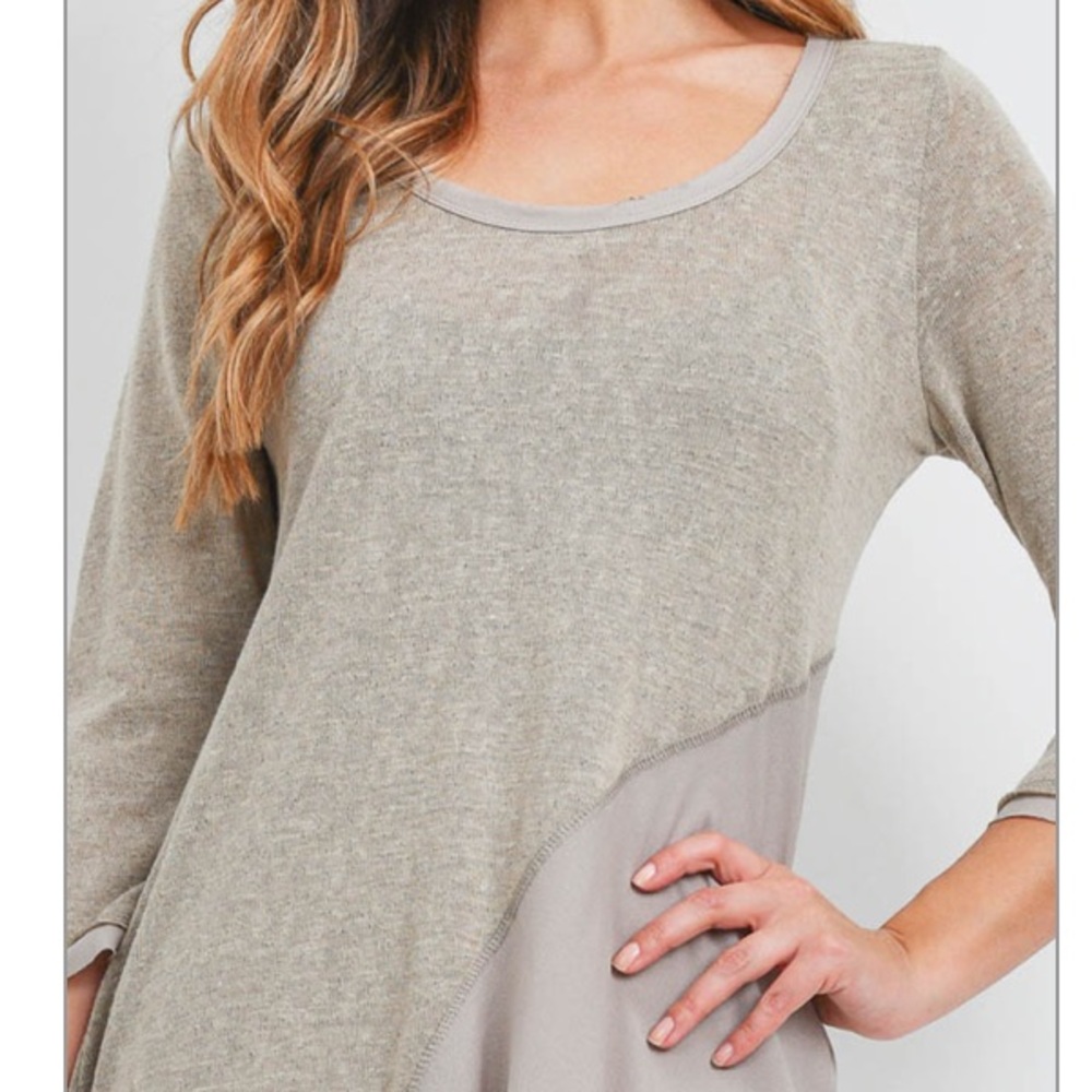 Taupe 3/4 sleeve round neck asymmetric hem two-tone shift dress. CUTE! - Picture 8 of 10